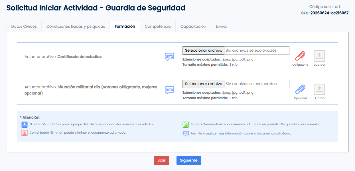 Sección Formación - estudios y situación militar