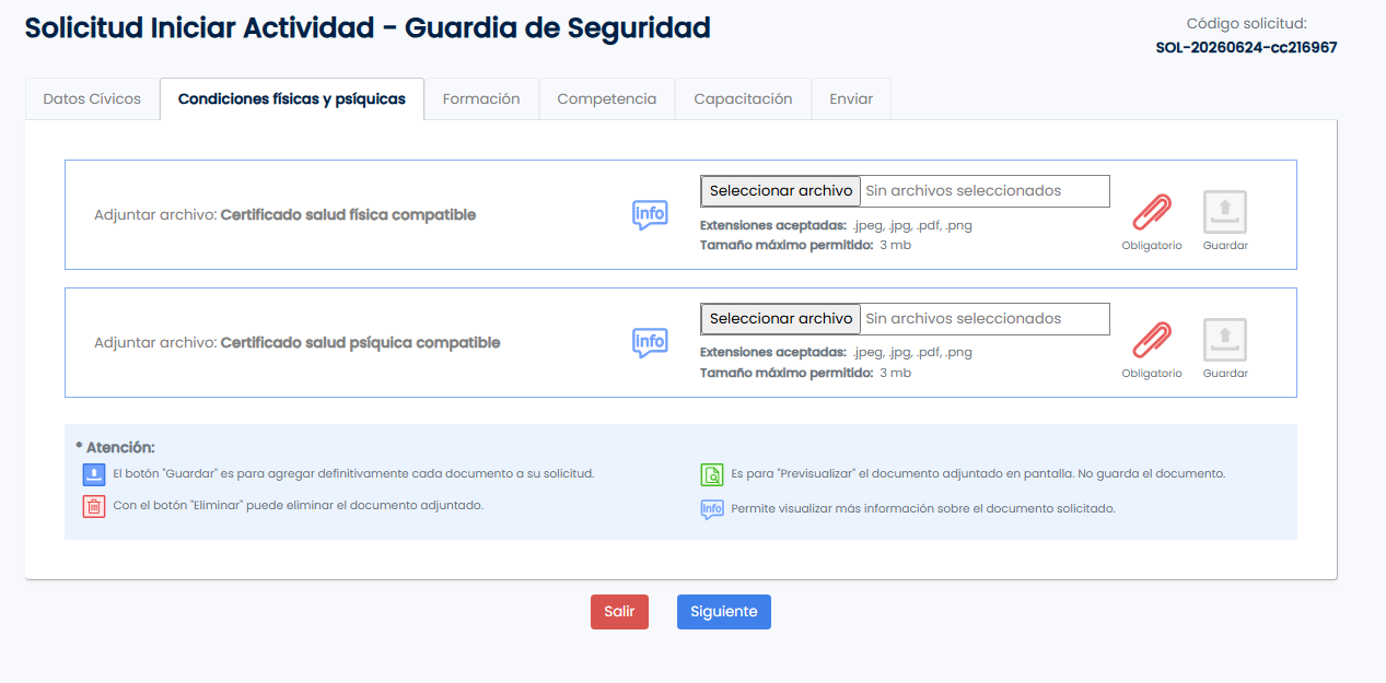 Sección condiciones físicas y psíquicas
